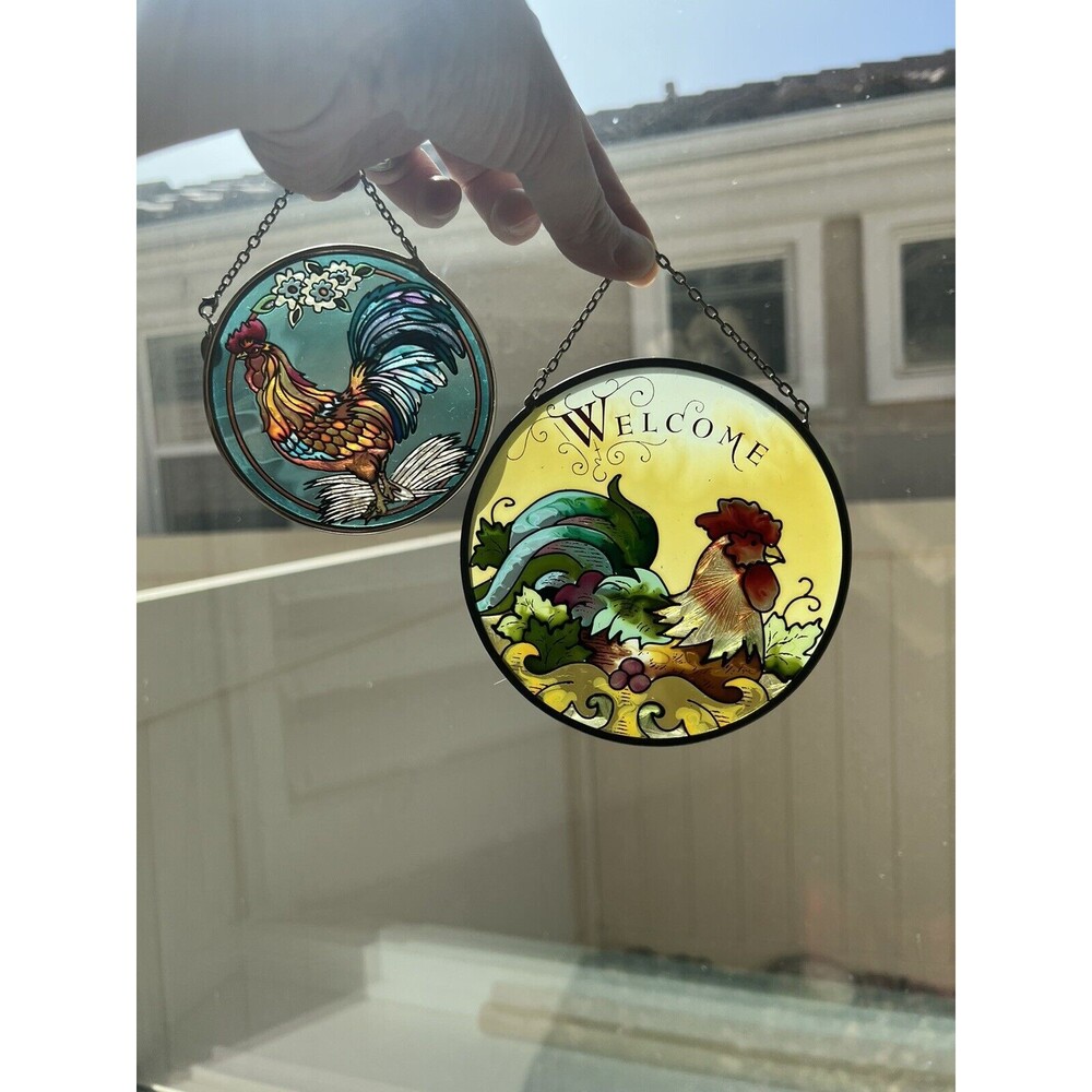 Lot Of 2 Stained Glass Round Sun Catcher Hand Painted Rooster‎ Colorful